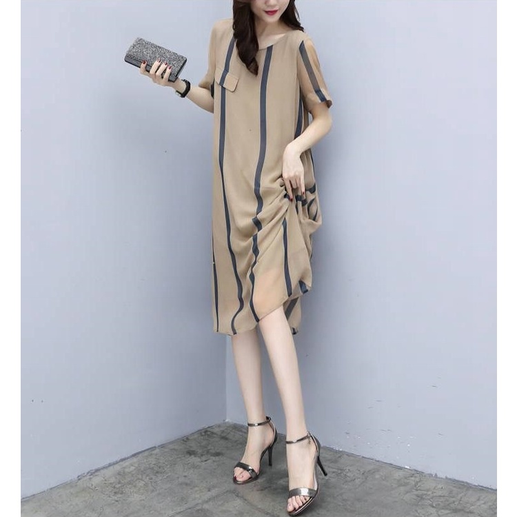 Đầm Dáng Chữ A Tay Ngắn Dáng Rộng Họa Tiết Kẻ Sọc Thời Trang Xinh Xắn Cho Nữ