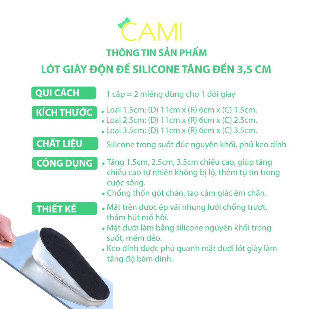 Lót tăng chiều cao chất liệu silicone nguyên khối, êm chân, tăng 3.5cm - Cami - CMPK217