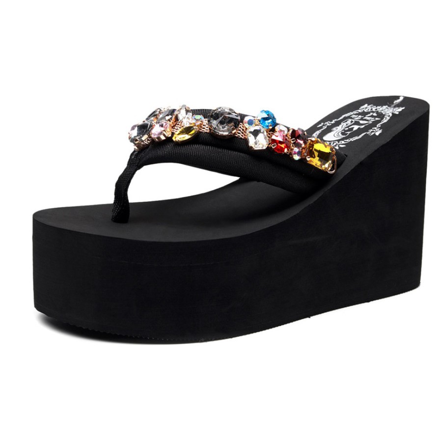 Dép tông kẹp nữ xỏ ngón đế xuồng cao quai đính đá pha lê