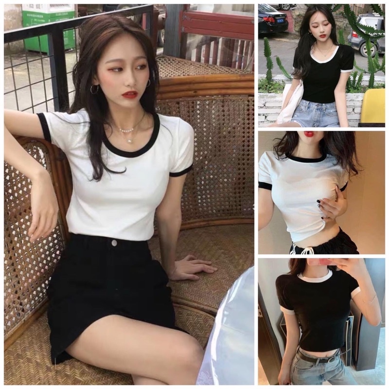 Áo kiểu croptop tay ngắn cổ tròn phối màu basic