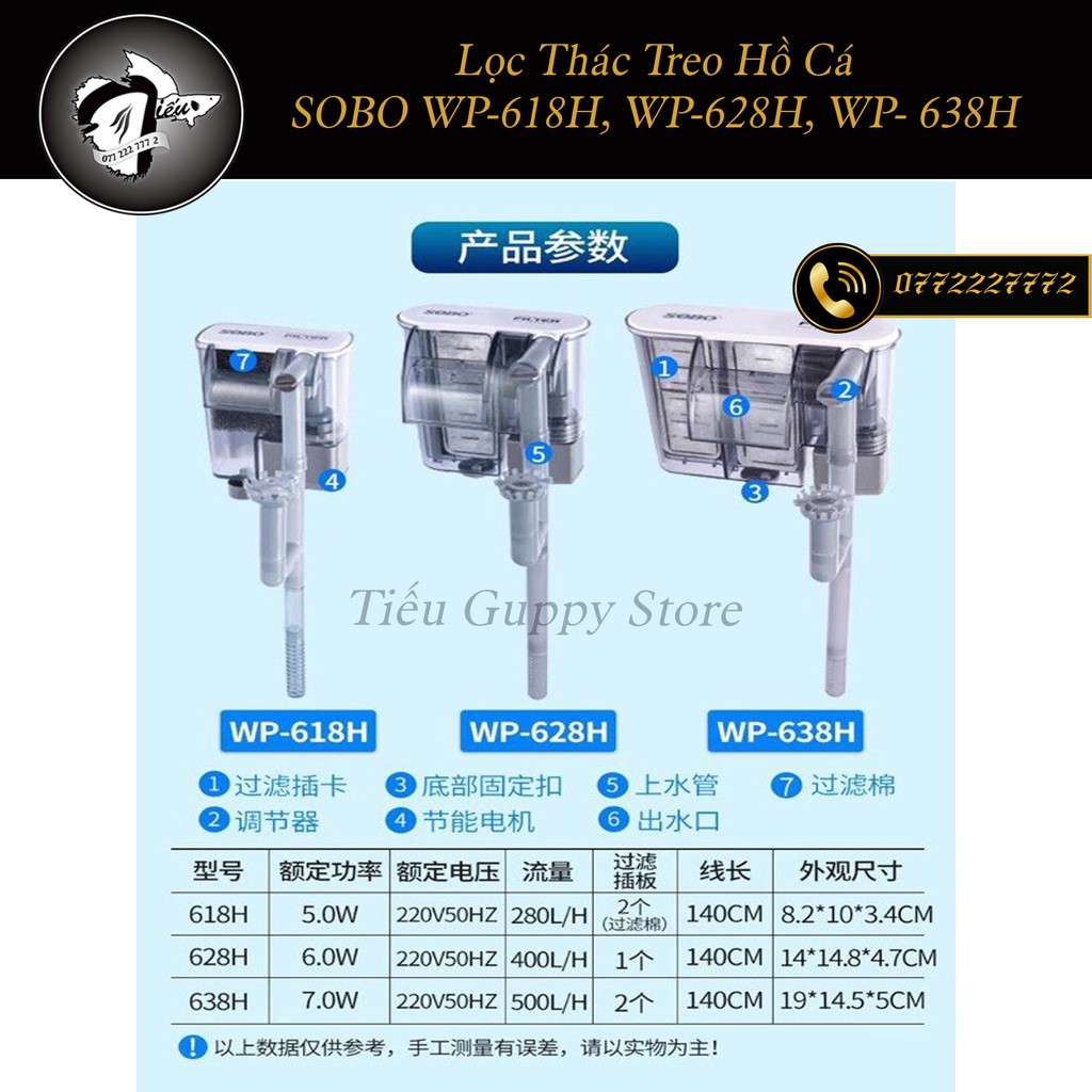 Lọc Thác Treo Thành Hồ Cá chuyên dụng SOBO WP 618H, WP 628H, WP 638H