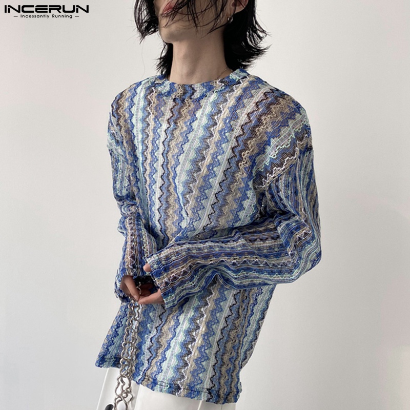 Áo dài tay INCERUN trong suốt kẻ sọc phối khóa kéo kiểu vintage thời trang mùa hè cho nam