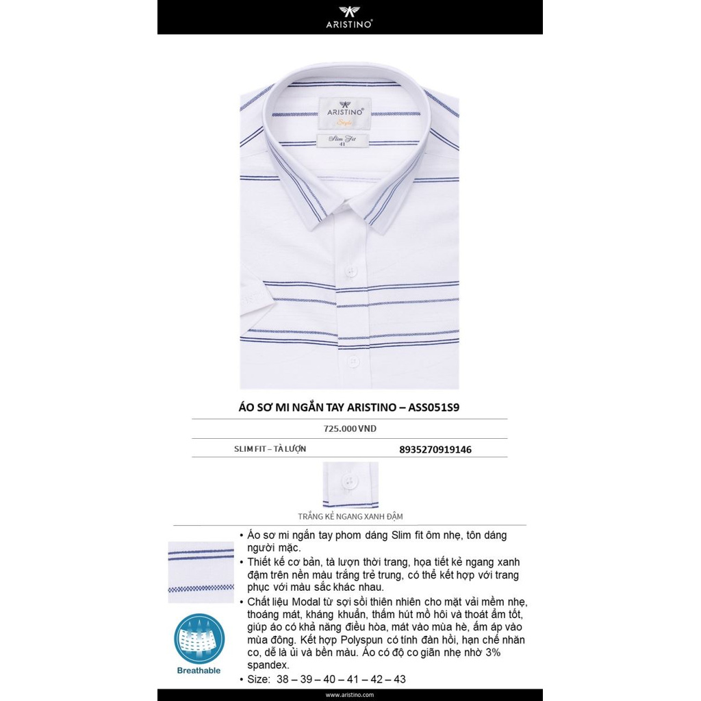 Áo Sơ Mi Nam Ngắn Tay ARISTINO ASS051S9 Somi Công Sở Cao Cấp Màu Trắng kẻ xanh đậm Vải sợi sồi Dáng ôm tà lượn không túi