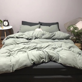 Set Cotton Đũi Trơn Xanh Mint Mix Ga Xám Đậm Bộ Chăn Ga Gối 4 Món