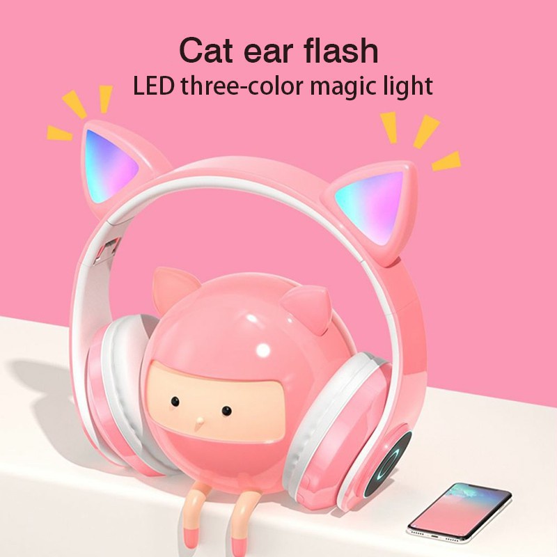 Tai nghe bluetooth âm bass mạnh mẽ và dung lượng pin 400mAh thiết kế hình tai mèo dễ thương thời trang cho nữ
