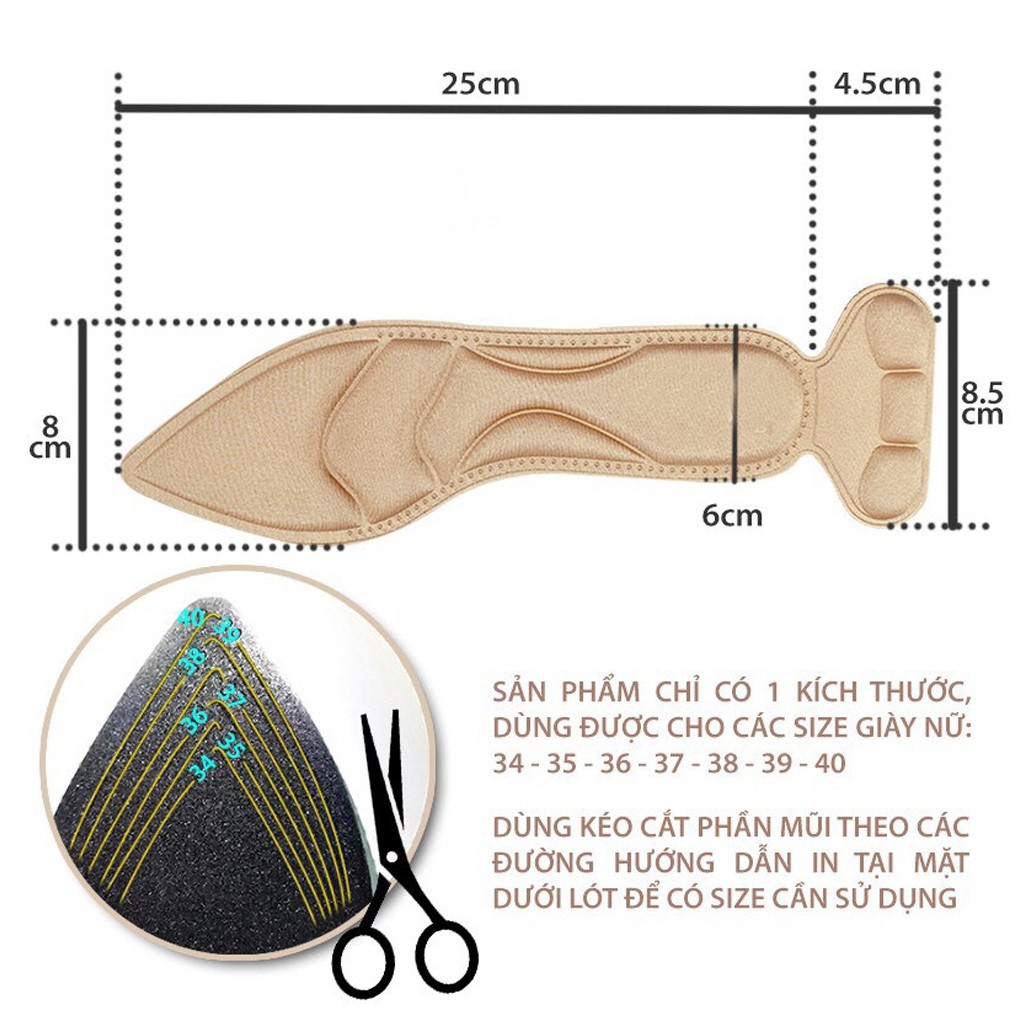 Miếng lót giày làm giảm áp lực lên bàn chân, êm chân, thoáng khí, giảm size cho giày bị rộng LG06