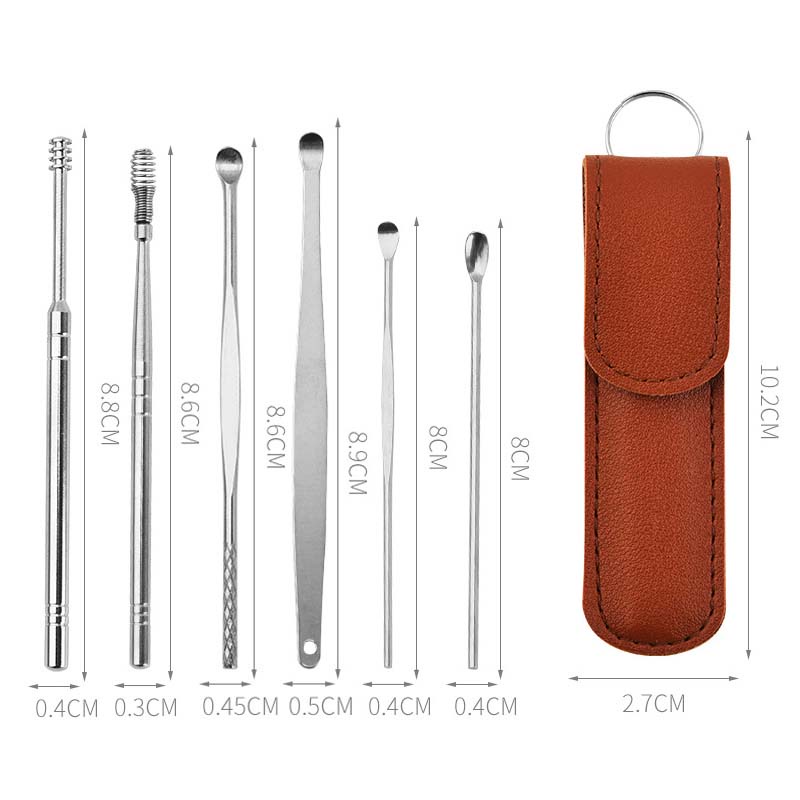 Bộ Dụng Cụ Lấy Ráy Tai 6 Trong 1 Bằng Thép Không Gỉ Kèm Hộp Đựng Và Móc Khóa Tiện Lợi