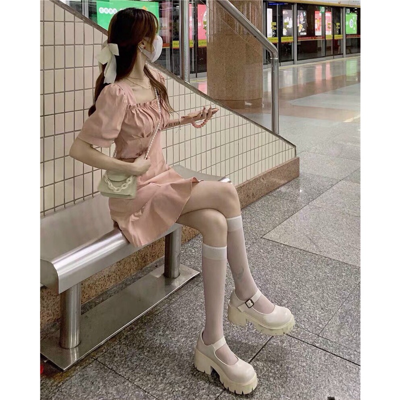 [ Miễn phí ship 2022 ] Đầm hồng cổ vuông nhún ngực, đầm tay búp đuôi cá phong cách hàn quốc cực dễ thương