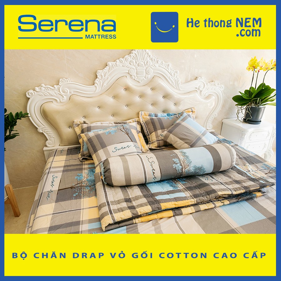 Bộ ga giường Cotton SERENA ga chun cao cấp bộ chăn ga vỏ gối 7 món chần bông - Hệ Thống Nệm