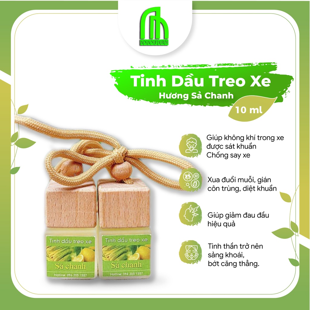 Tinh Dầu Treo xe Ô tô Cao cấp, Tinh Dầu Thơm Xe Hơi 100% Nguyên Chất Tự Nhiên, Hương Sả chanh - 10ml