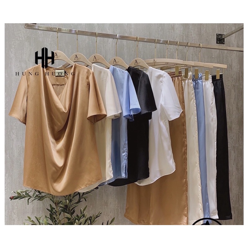 Set lụa áo cổ đổ tay cánh tiên phối quần ống suông lưng thun mát mẻ
