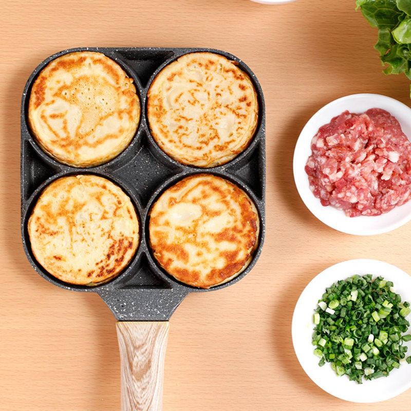 Chảo Omelet 4 lỗ cho trứng Burger Ham Máy làm bánh kếp Tay cầm bằng gỗ Nồi chiên chống dính Nấu ăn Bữa sáng