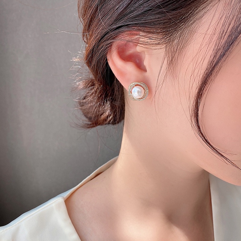 Bông tai ngọc trai nhân tạo đính đá hình bông hoa phong cách thanh lịch cho nữ BT57