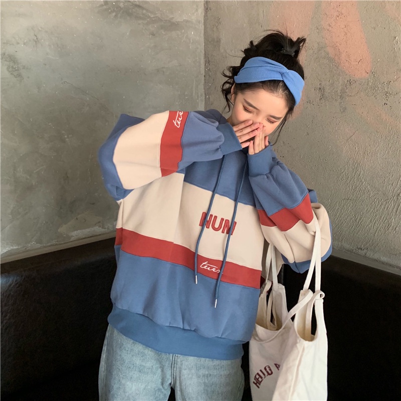 IELGY  Áo Hoodie Tay Dài Dáng Rộng Lót Nhung In Chữ Thời Trang Cho Nữ