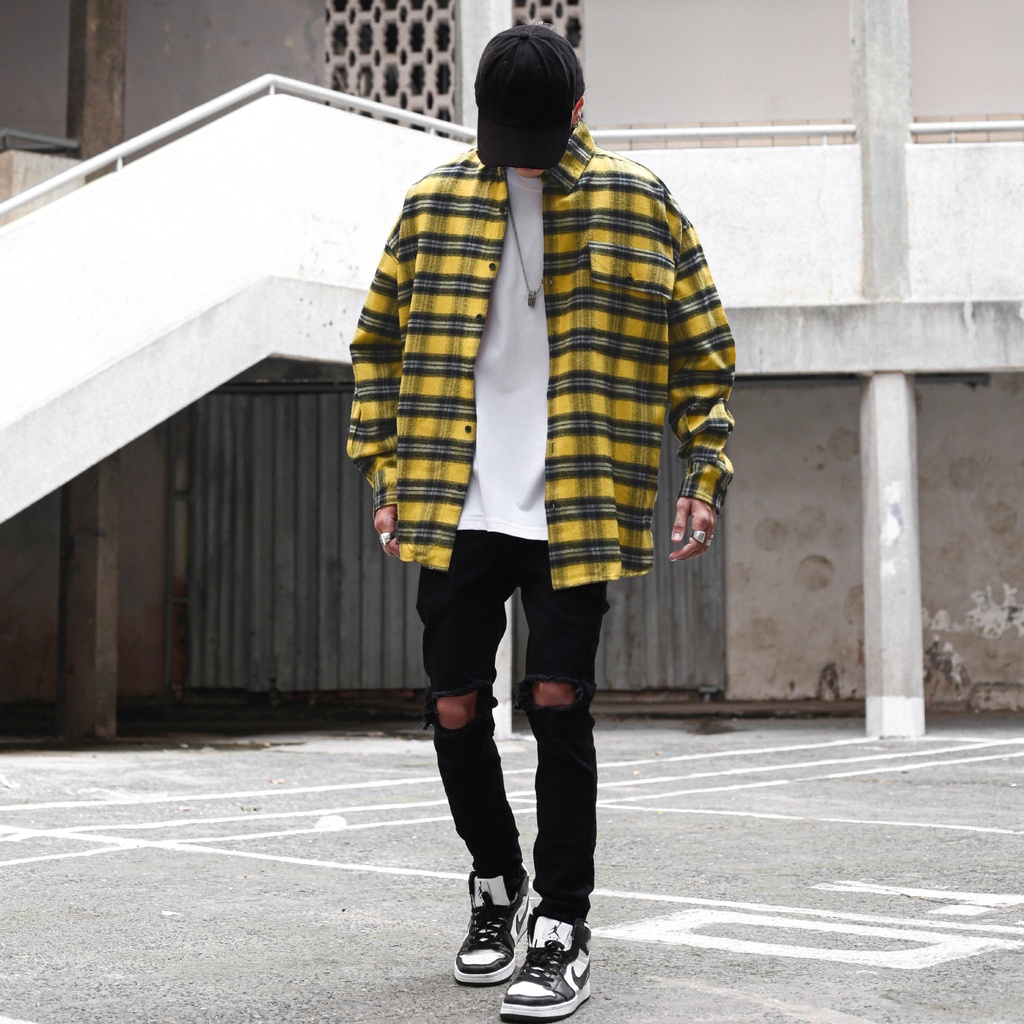 Áo Sơ Mi Flannel Màu Vàng Sọc Đen Form Rộng Thoải Mái Chất Liệu Cotton Thoáng Mát