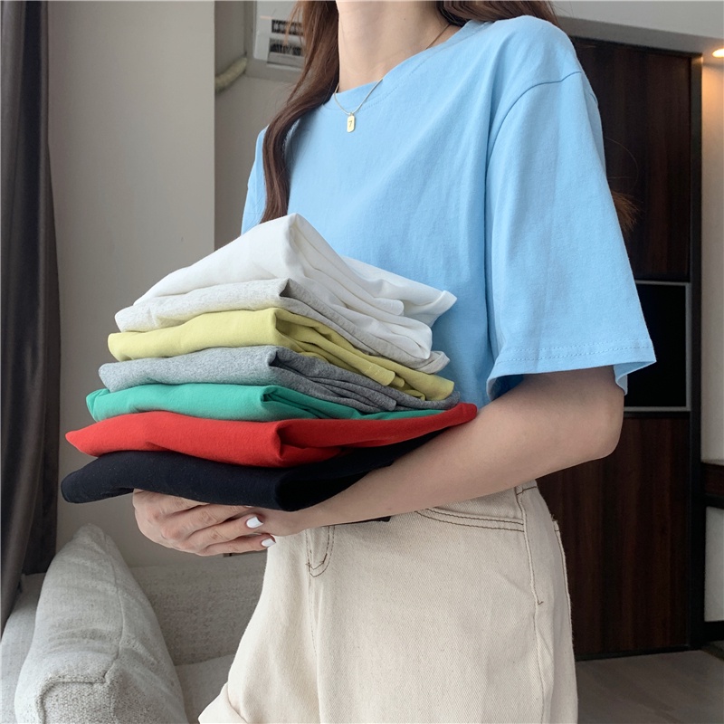 Áo thun SUXI tay ngắn dáng rộng màu trơn xẻ tà thời trang mùa hè cho nữ