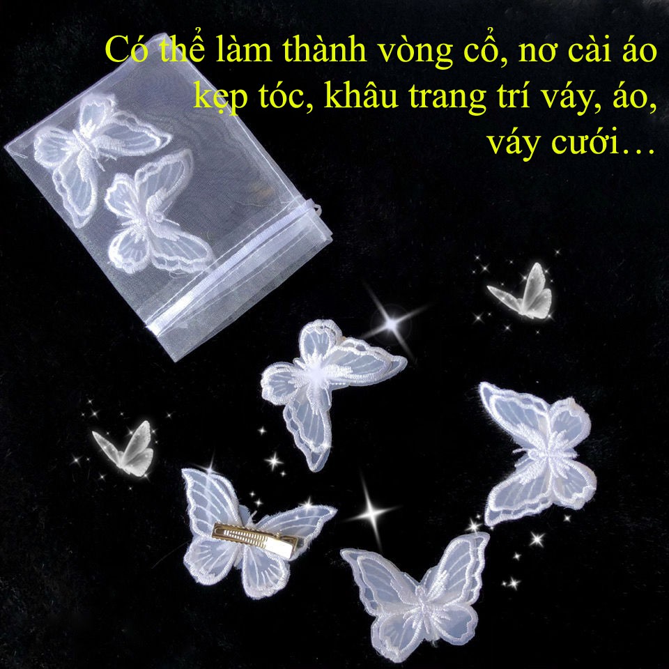 Set 4 bướm thêu trắng đa năng làm kẹp tóc dây chuyền khâu váy áo