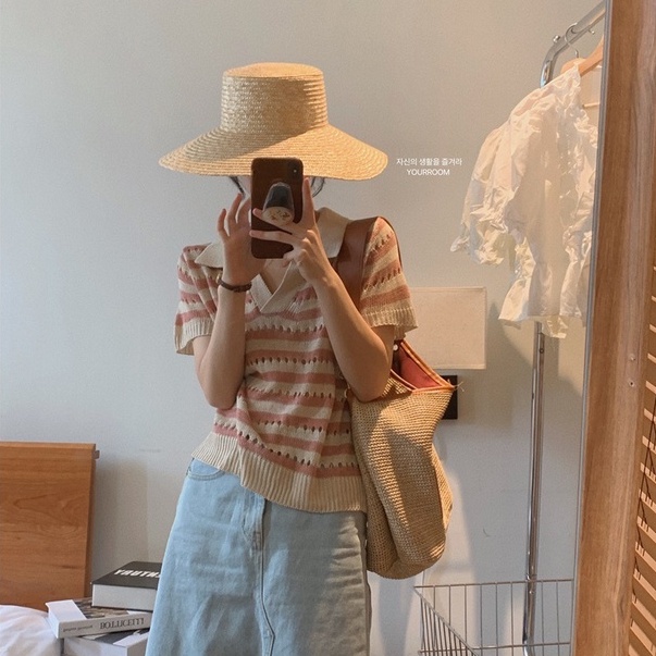 Áo thun Xiaozhainv tay ngắn cổ chữ V họa tiết kẻ sọc 5 màu phong cách thời trang cho nữ