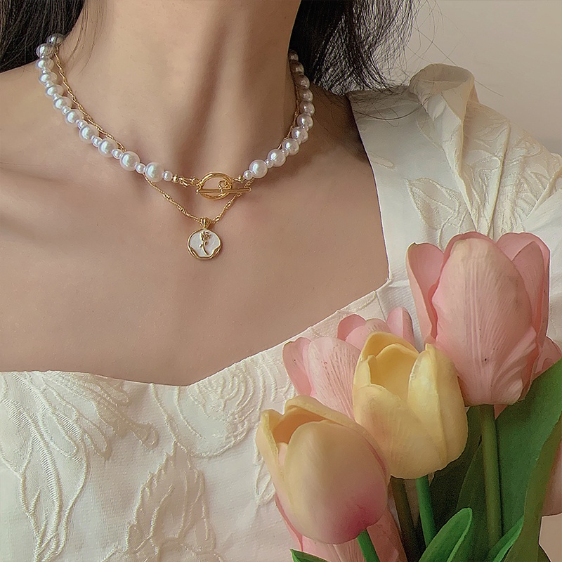 IF ME Vòng Cổ Choker Hai Lớp Mặt Hoa Đính Ngọc Trai Thanh Lịch Cho Nữ
