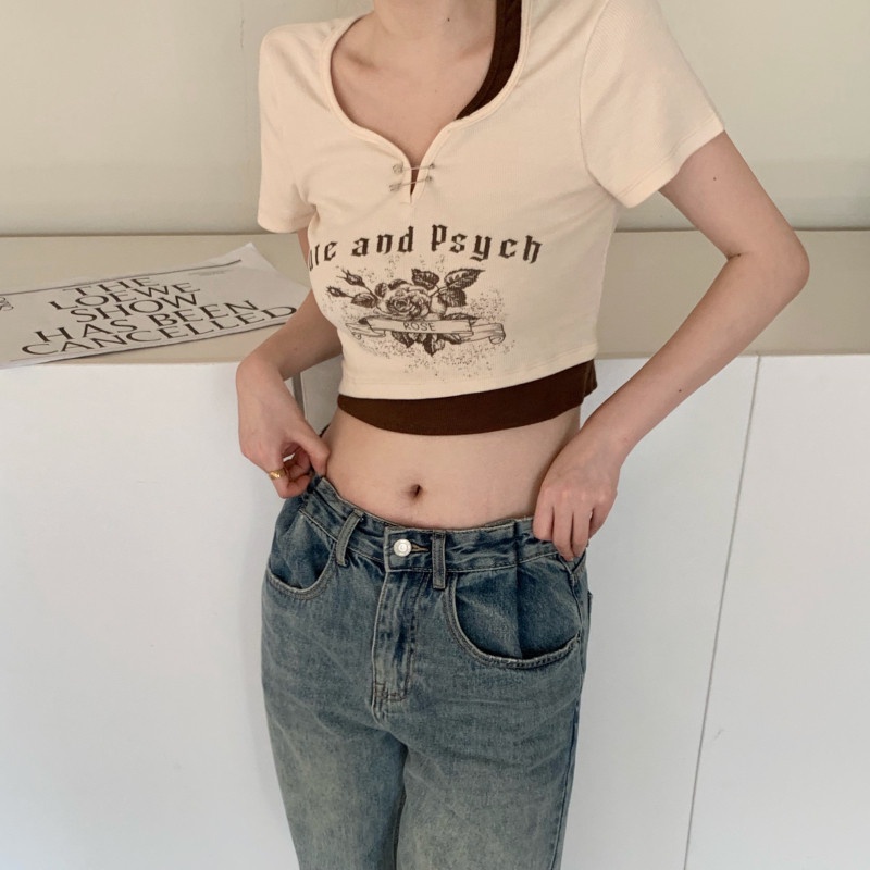 Áo Thun Croptop Tay Ngắn In Họa Tiết Phong Cách Retro Thời Trang Cho Nữ