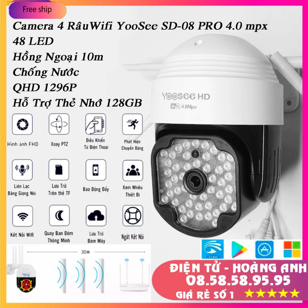 Camera wifi 4 râu ngoài trời chống nước YooSee SD-08 PRO 4.0 mpx  HD camera 360 quay đêm có màu, 2K 2560 x 1920p