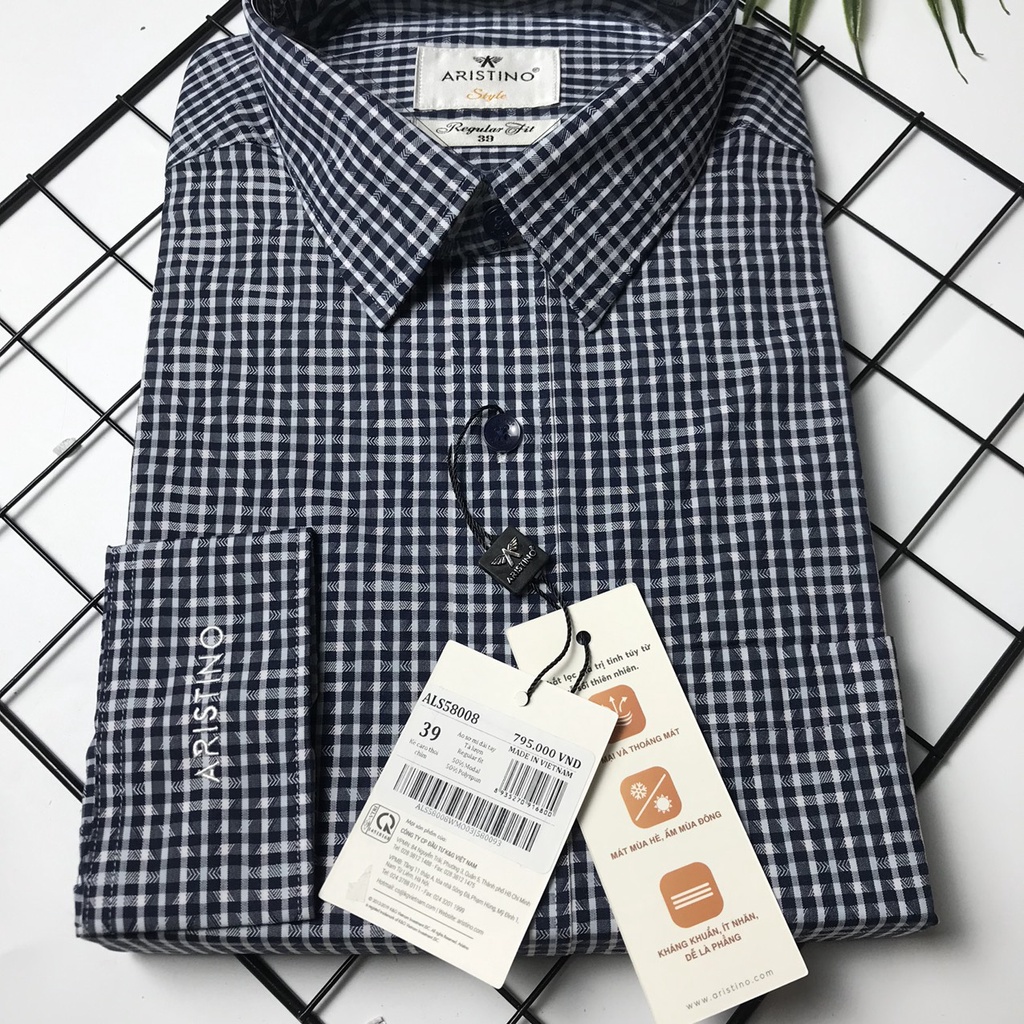Áo sơ mi dài tay Aristino kẻ caro sợi sồi from rộng có túi ALS58008