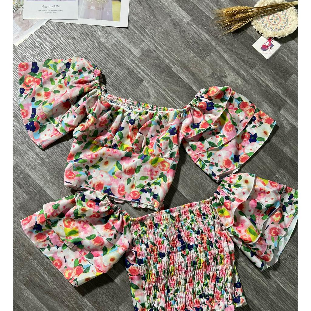 Áo bẹt vai body in hoa, áo croptop nữ trễ vai G63