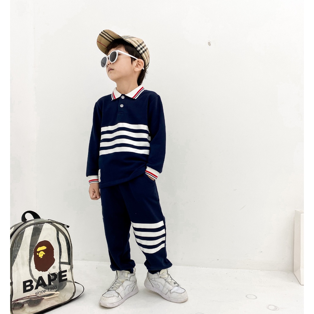 Đồ bộ bé trai, Set quần áo dài thu đông 4 vạch kẻ ngang chất nỉ da cá đẹp trai cho bé từ 8 đến 20 kg, DUCK387
