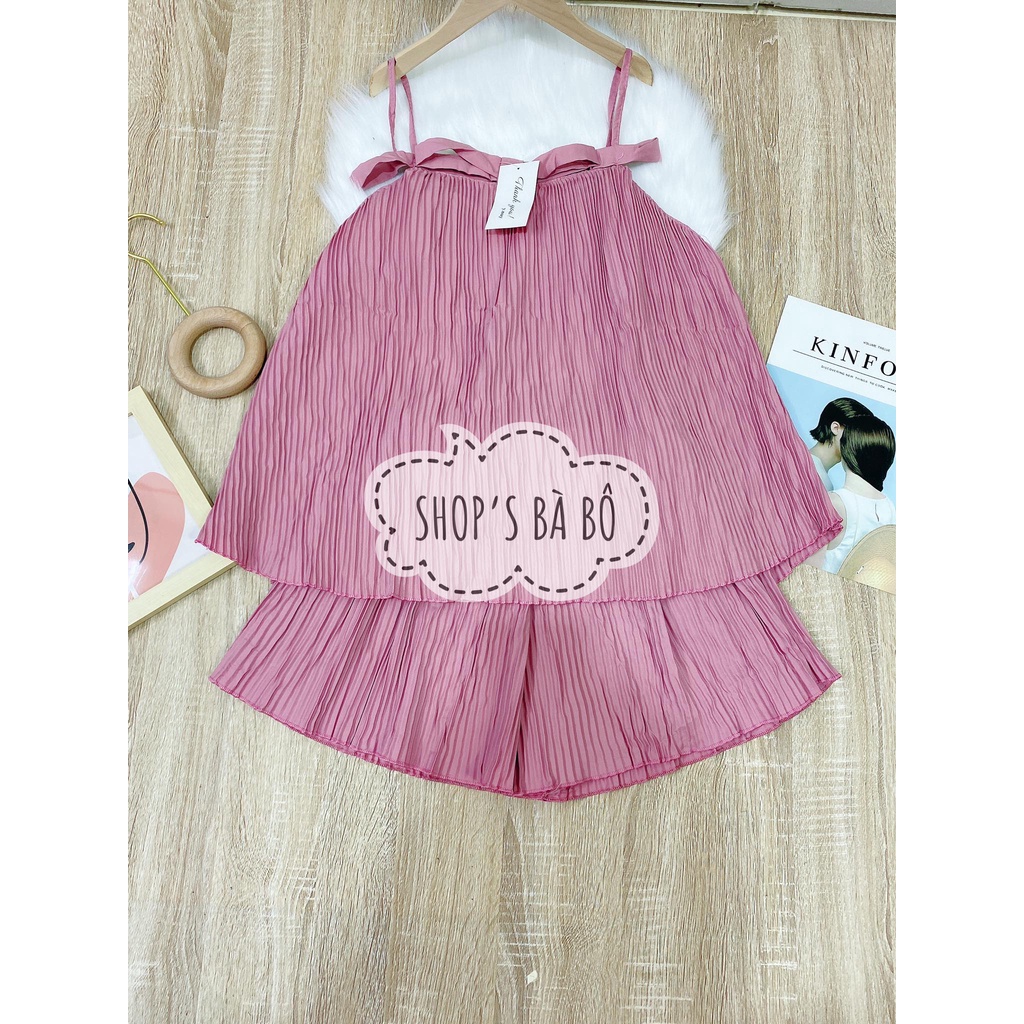 Bộ đùi dập ly cho nữ mặc đi chơi, áo hai dây phối nơ, quần ống rộng, form đẹp