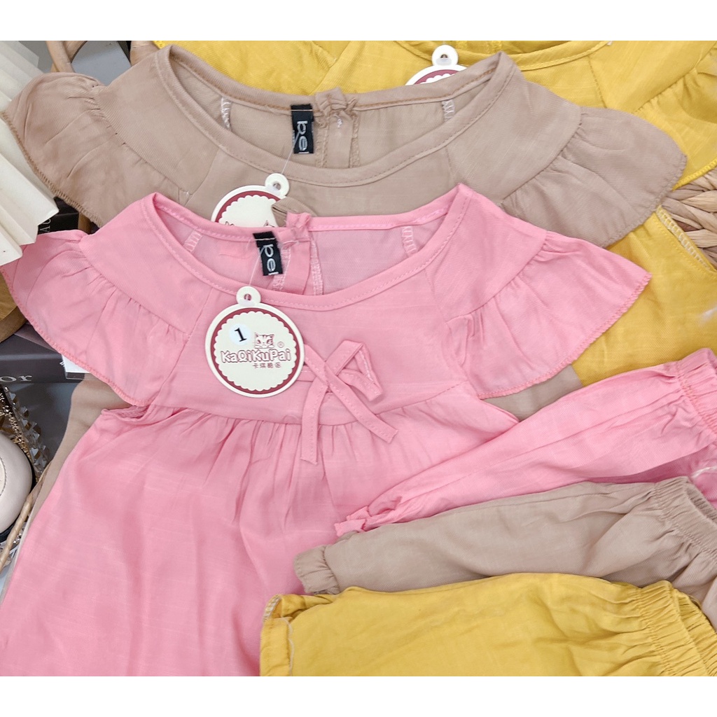 Bộ cộc tay cánh tiên bé gái, bộ bé gái chất đũi hàn 3 màu ống tay và quần bèo siêu mát cho bé