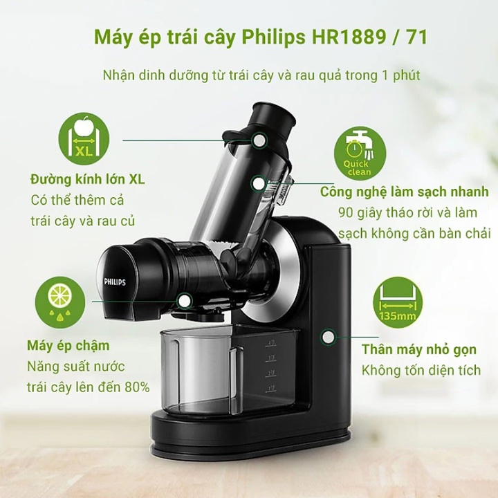 Máy ép trái cây tốc độ chậm thương hiệu cao cấp Philips HR1889/71 - Hàng Nhập Khẩu Chính Hãng