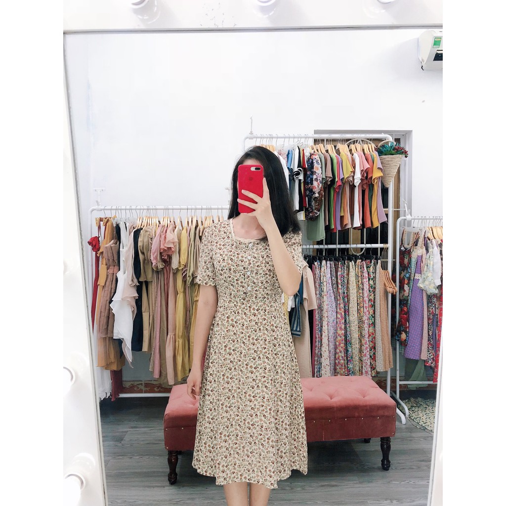 Váy hoa nhí cổ tròn + cổ vuông tay lỡ mix ren có cúc đóng mở -  style Hàn Quốc (kèm ẢNH THẬT mẫu mặc shop tự chụp )  ྇