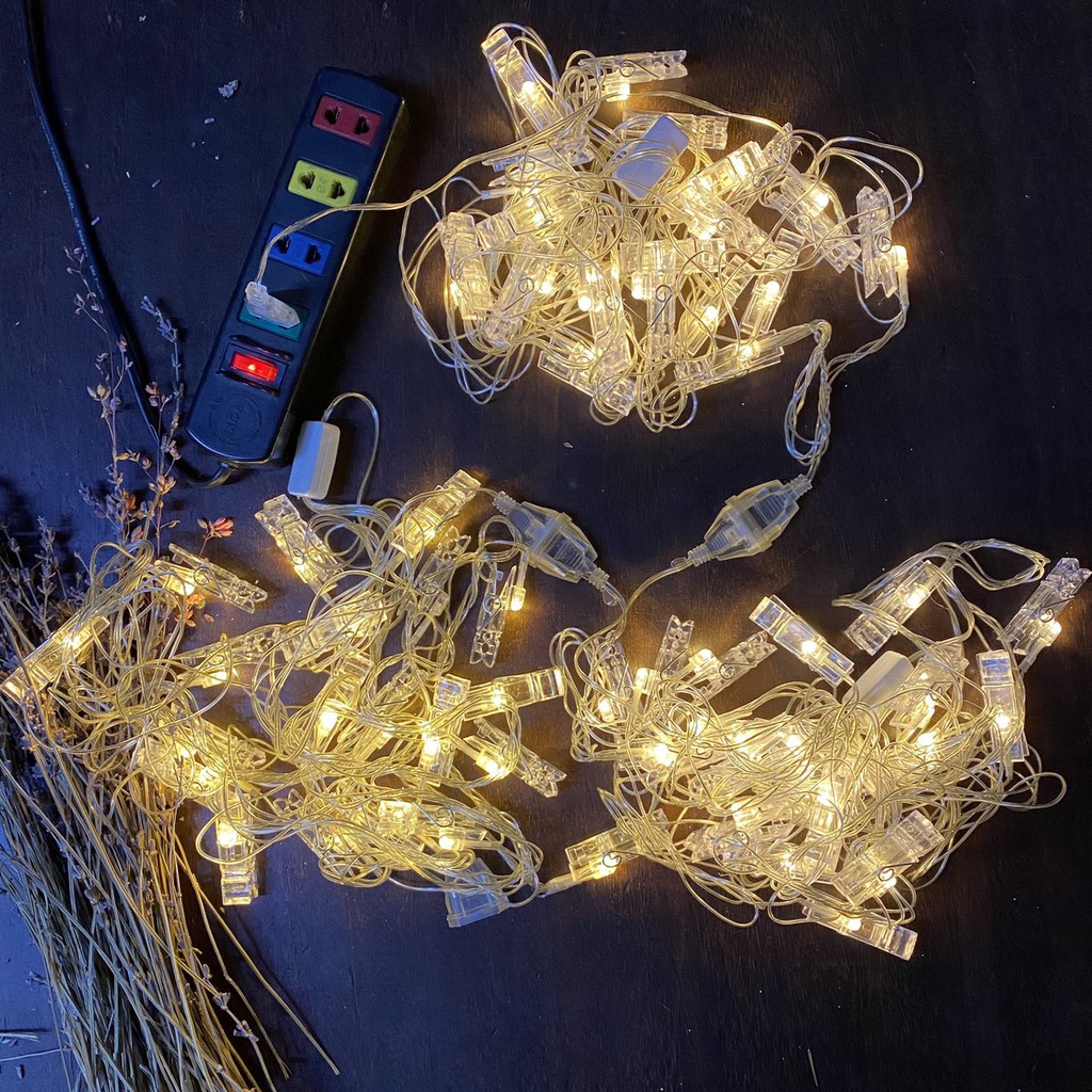 Cắm Điện- Dây Kẹp Ảnh Trang Trí Dài 3 Mét 20 Kẹp Led, Màu Vàng Nắng, Có Phích Nối Dây