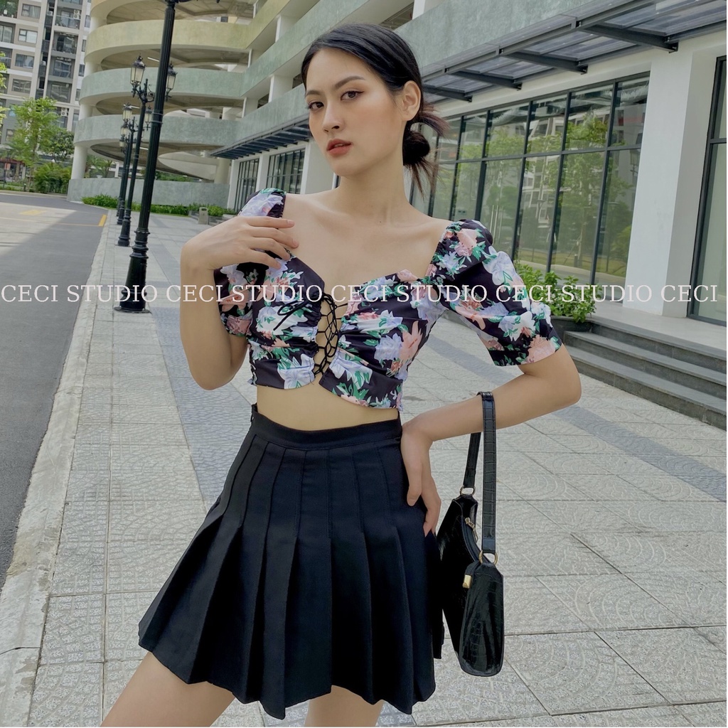Áo Croptop Tay Ngắn Họa Tiết Hoa Thắt Dây Ngực Thiết Kế Siêu Xinh Dành Cho Nữ