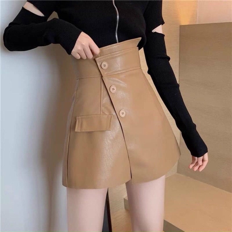 Quần váy da pu cao cấp, quần váy da phối 3 cúc-m626