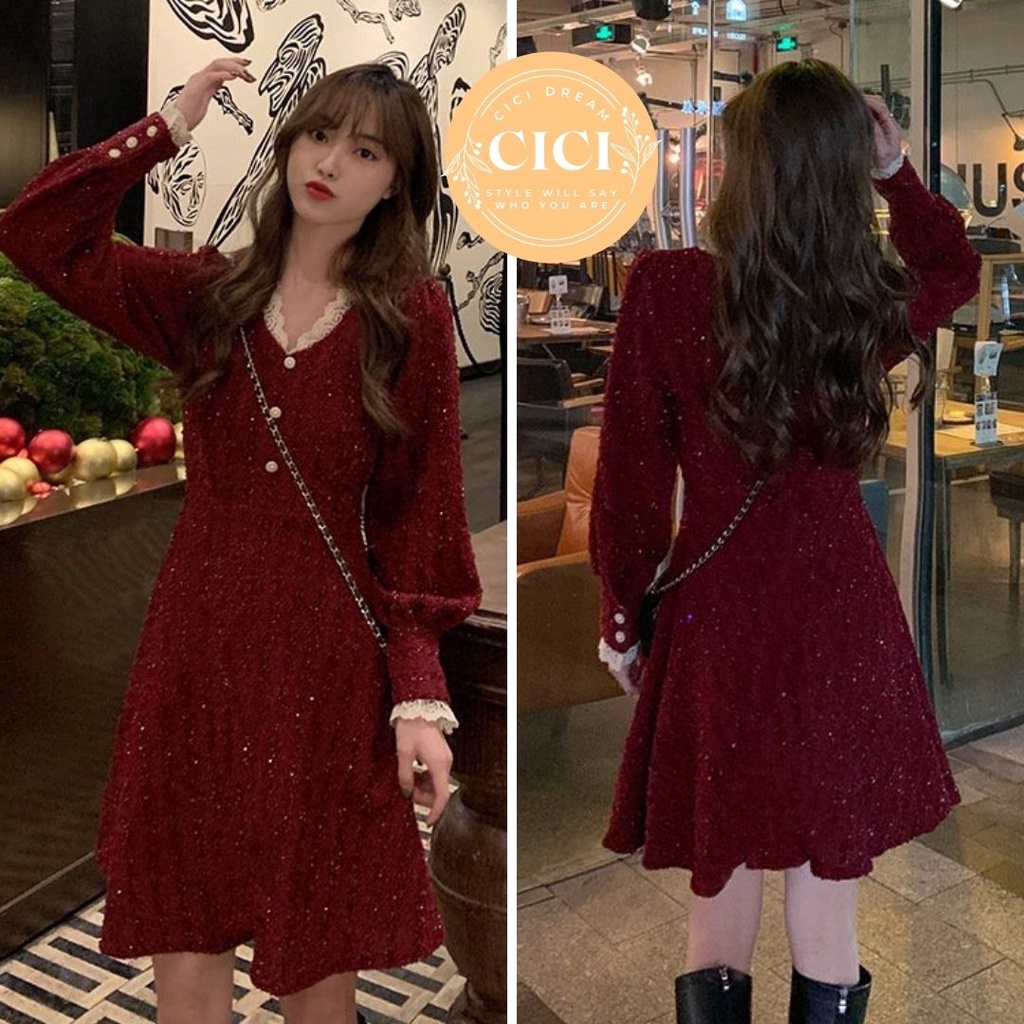 Váy Đỏ maxi noel xòe dáng dài babydoll dài tay phối cổ ren chun eo, váy nhung maxi xòe giáng sinh noel đi chơi, dự tiệc