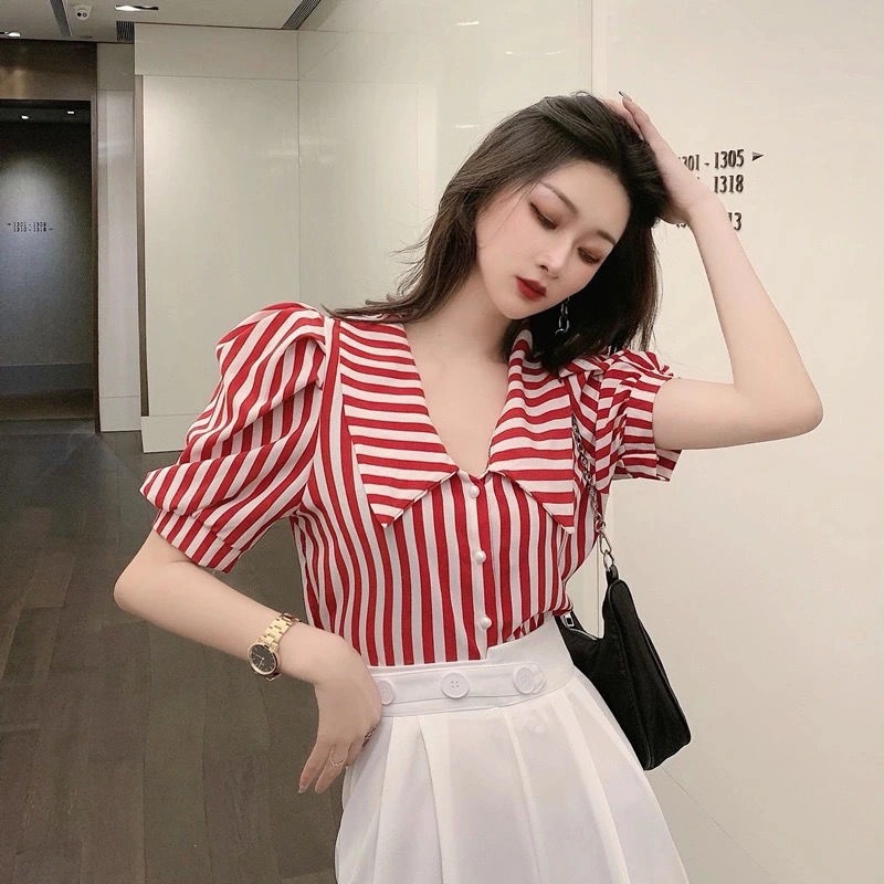 Áo sơ mi tay ngắn phồng họa tiết kẻ sọc phong cách cổ điển thời trang cho nữ