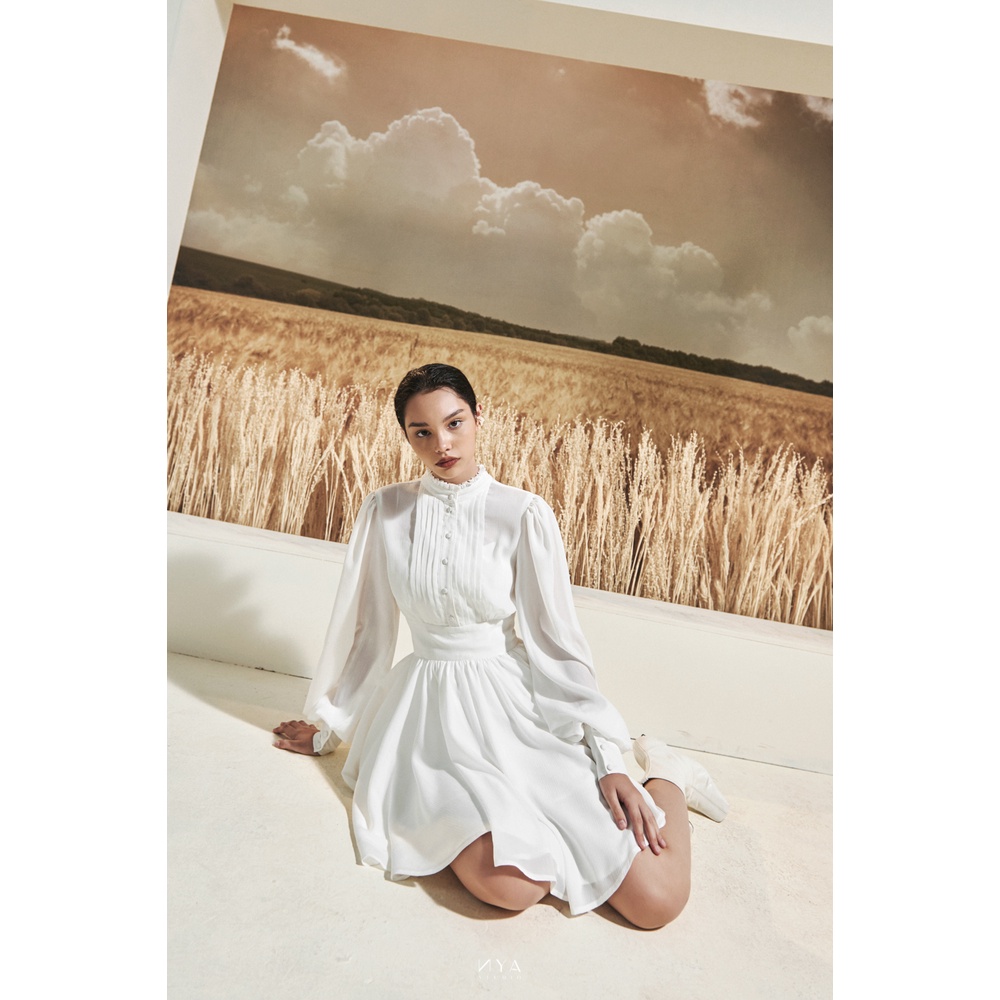 Đầm xòe ngắn tay dài phồng, cổ nhún bèo kín đáo MADELYNN MIDI DRESS | NYA STUDIO