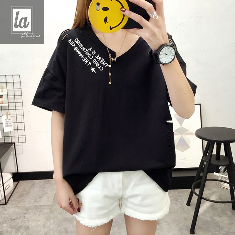 (CÓ SẴN) Áo thun cổ V rách kiểu bigsize 65kg - 80kg