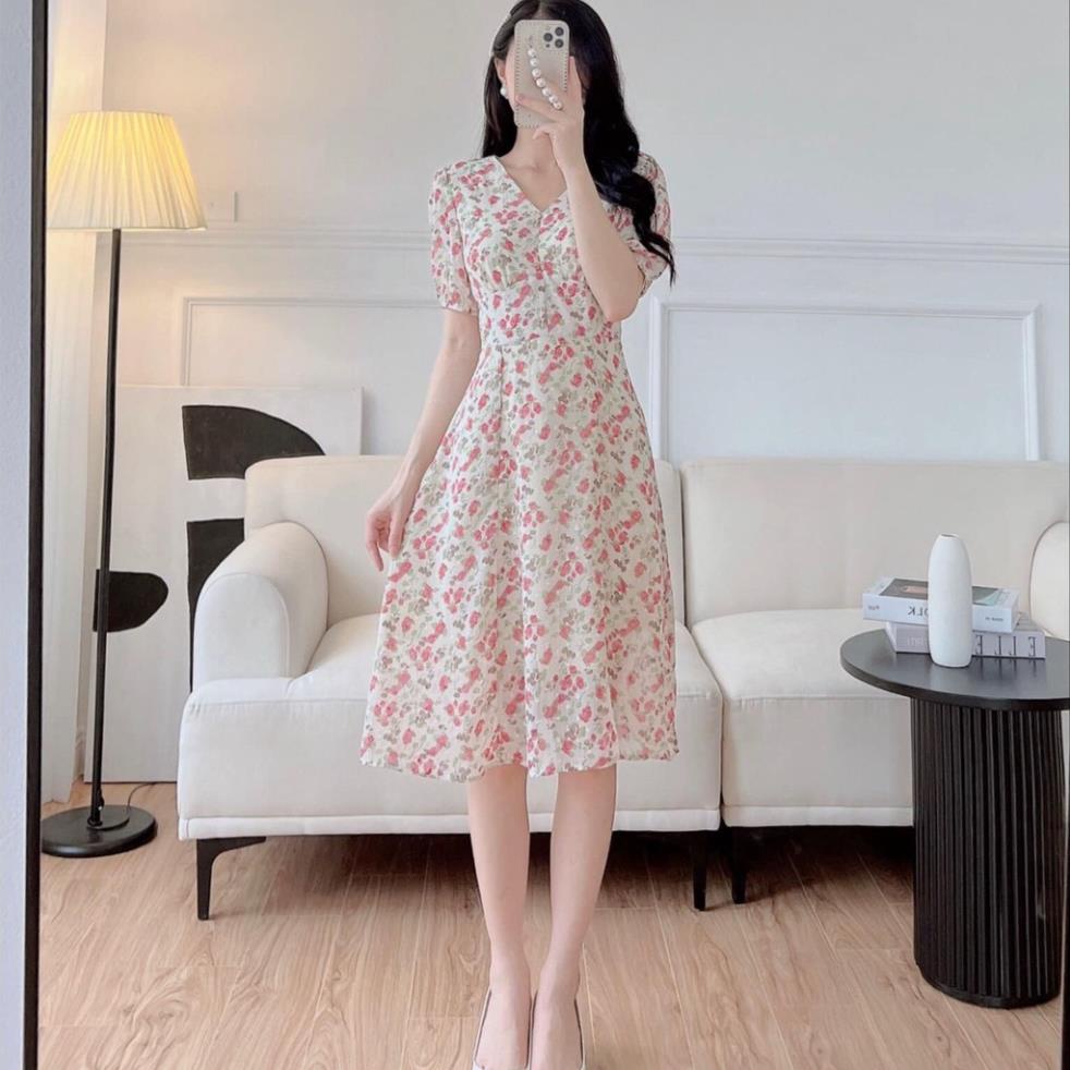 Váy hoa nhí công sở cổ V voan tay họa tiết hoa nhí chất liệu tơ xước thoáng mát Eva Lover