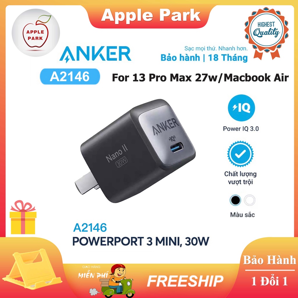 Củ Sạc Nhanh Anker A2146 / A2615 30W,Cáp Sạc A8632 Type-C to Lightning,Cho Macbook Air 30W iPhone 20W 13 12 Pro 11 XS 8P