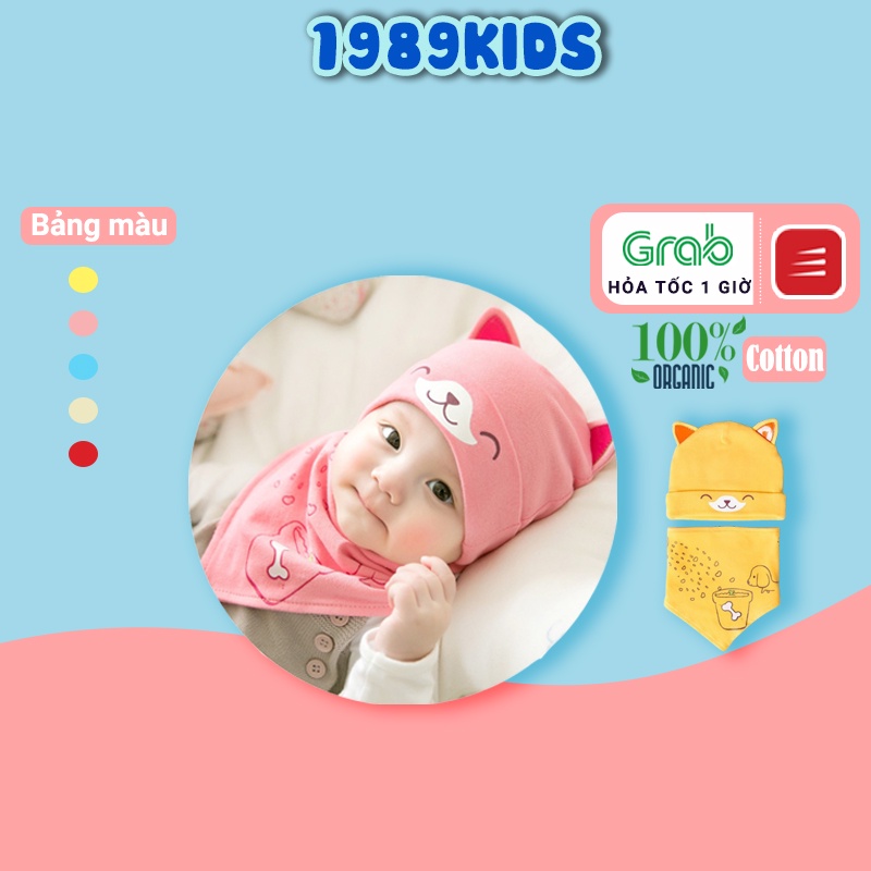 Set Mũ Yếm Cho Bé Từ 0 Đến 6 Tháng Chất Cotton In Hình Thú Đáng Yêu