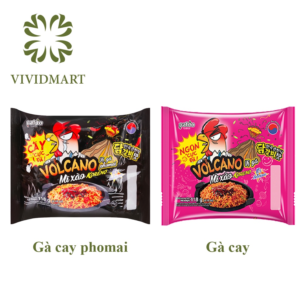 MÌ XÀO KHÔ KORENO VOLCANO PALDO VỊ GÀ CAY VÀ GÀ CAY PHOMAI - Mì TRỘN HÀN QUỐC - GÓI 118g - KORENO