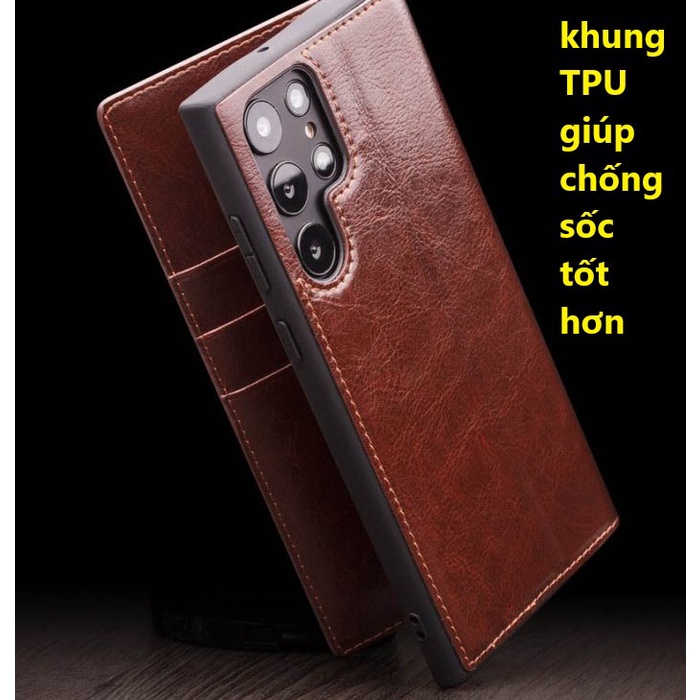 Bao da Samsung Galaxy S22 Ultra 5G Qlino Wallet da bò thật - Hàng Chính Hãng