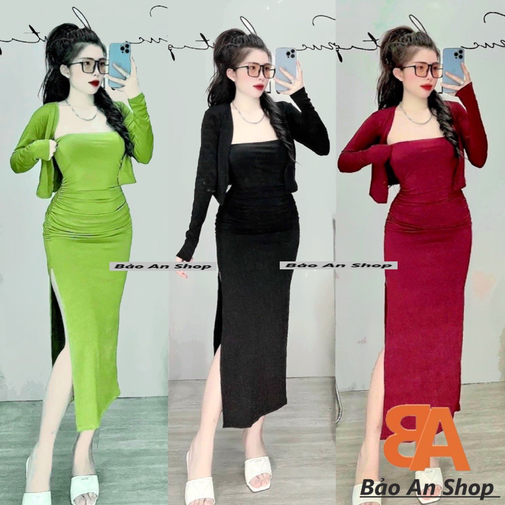 Sét áo khoác + đầm body dây xẻ đùi from dài