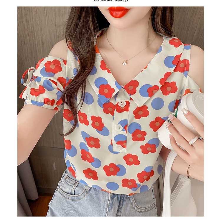 Áo Sơ Mi chiffon Tay Ngắn Cổ Búp Bê Dáng Rộng In Họa Tiết Hoa Thời Trang Mùa Hè Cho Nữ