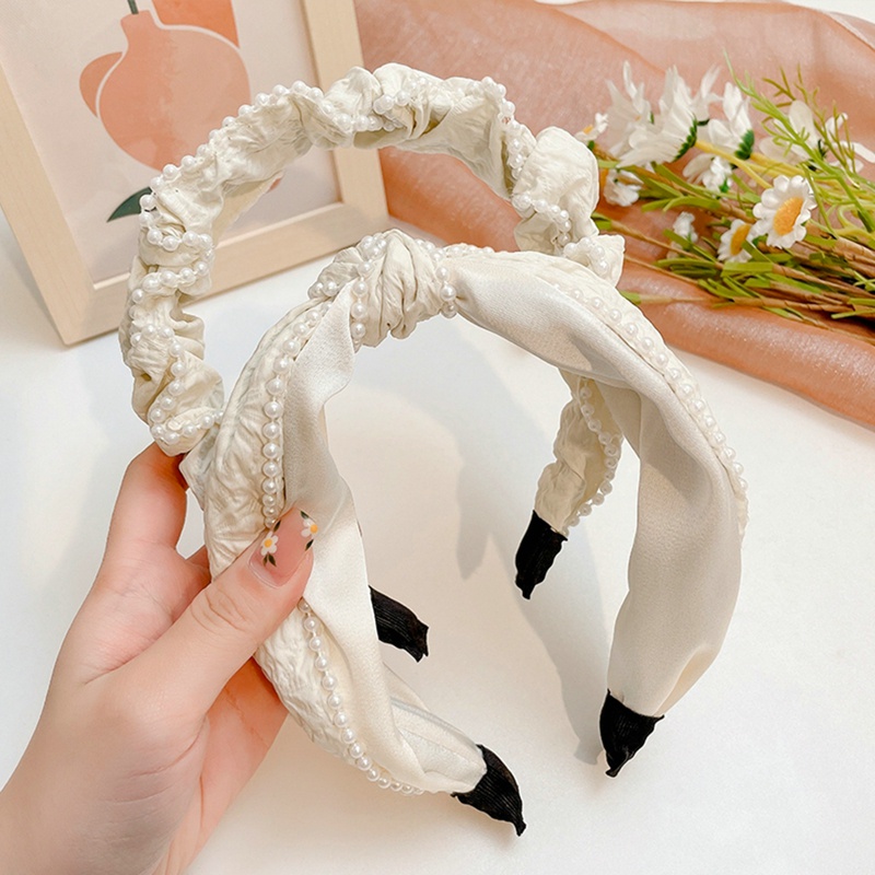 Băng Đô Cài Tóc Mềm Màu Trơn Đính Ngọc Trai Cổ Điển Thời Trang Cho Nữ