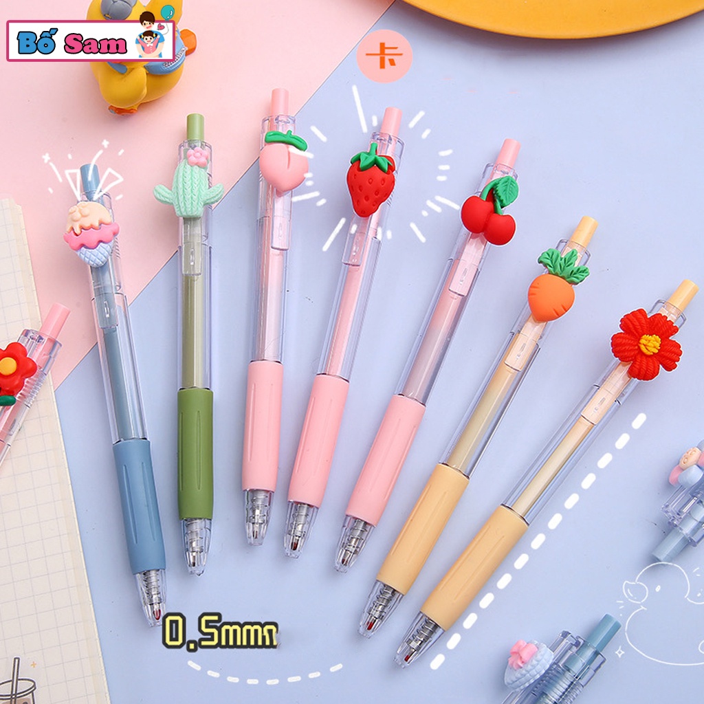Bút bi nước cute mực đen ngòi 0.5mm, vỏ bút trong suốt gắn hoa quả dễ thương Shop Bố Sam