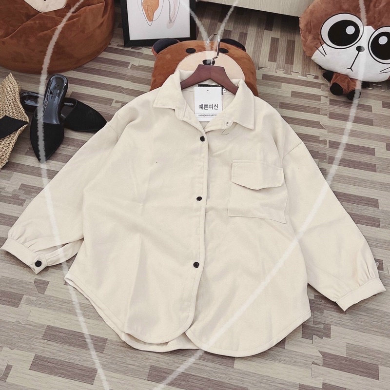Áo khoác dáng sơmi túi nắp trơn basic tay phồng vạt bầu kaki da lộn unisex ulzzang nam nữ