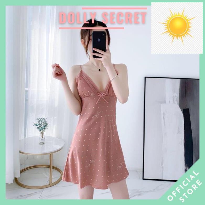 🕵️ Váy ngủ 2 dây lụa mặc nhà nữ họa tiết chấm bi viền ren quyến rũ cao cấp DOLLYSECRET V01 🕵️